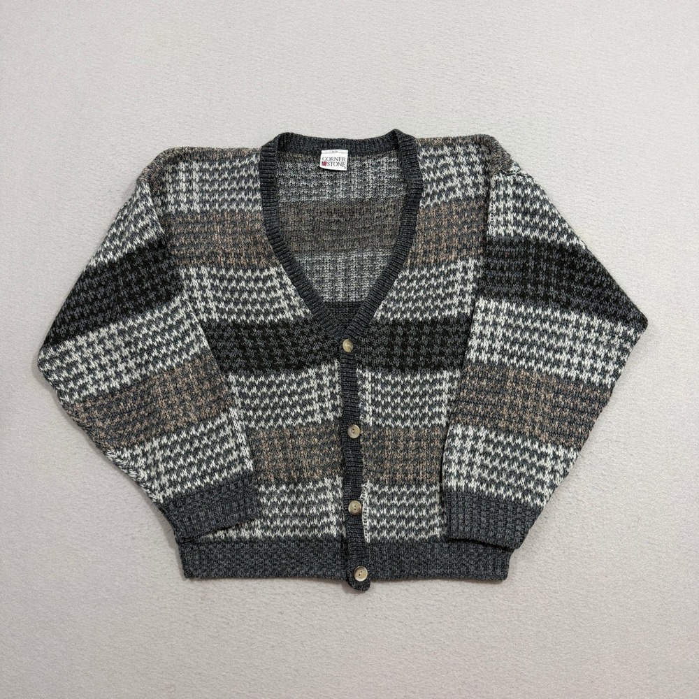 Vintage Corner Stone Cardigan XL Gray Striped Acrylic Made in USA Grandpa 90s